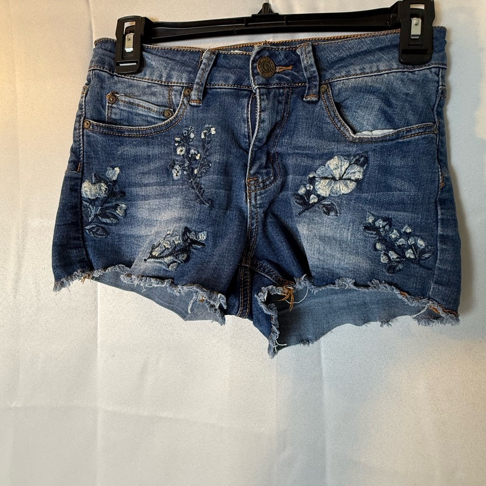 Indigo Rein Blue Jean Shorts with Floral Embroidery
